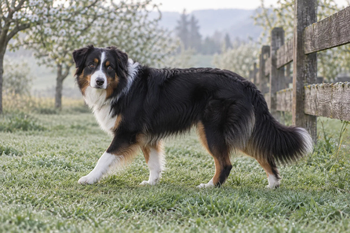 A black tricolour Australian Shepherd walking beside an orchard fence