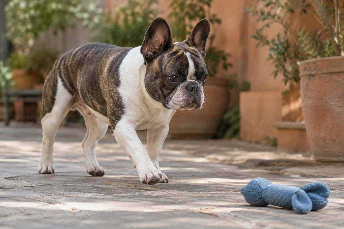 A French Bulldog with upright ears resting comfortably in a natural setting