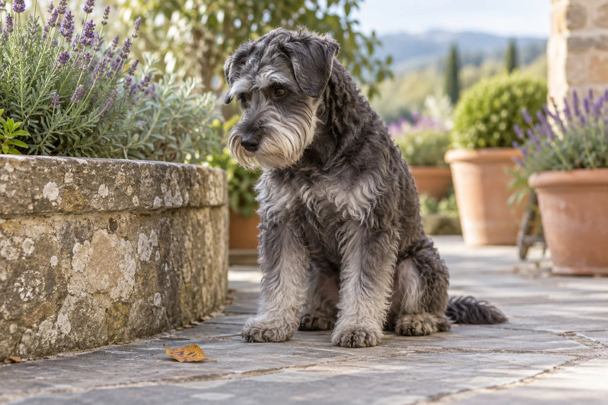 A charcoal and silver Schnoodle sitting beside a garden planter and looking at a leaf