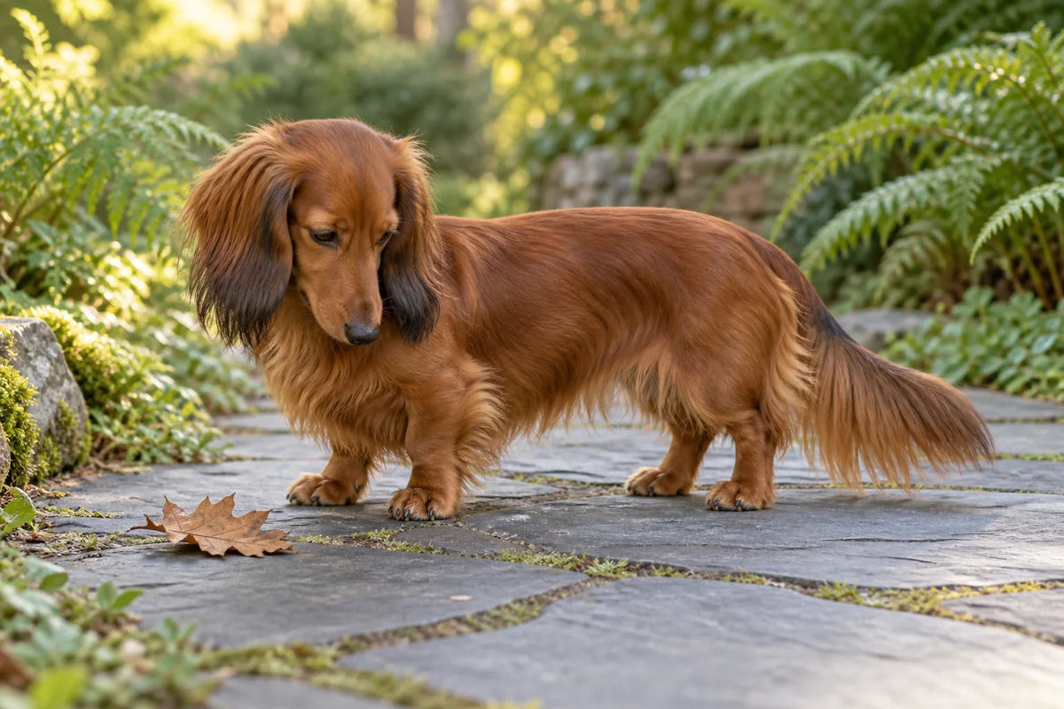 A red long-haired Dachshund looking at an oak leaf on a garden path