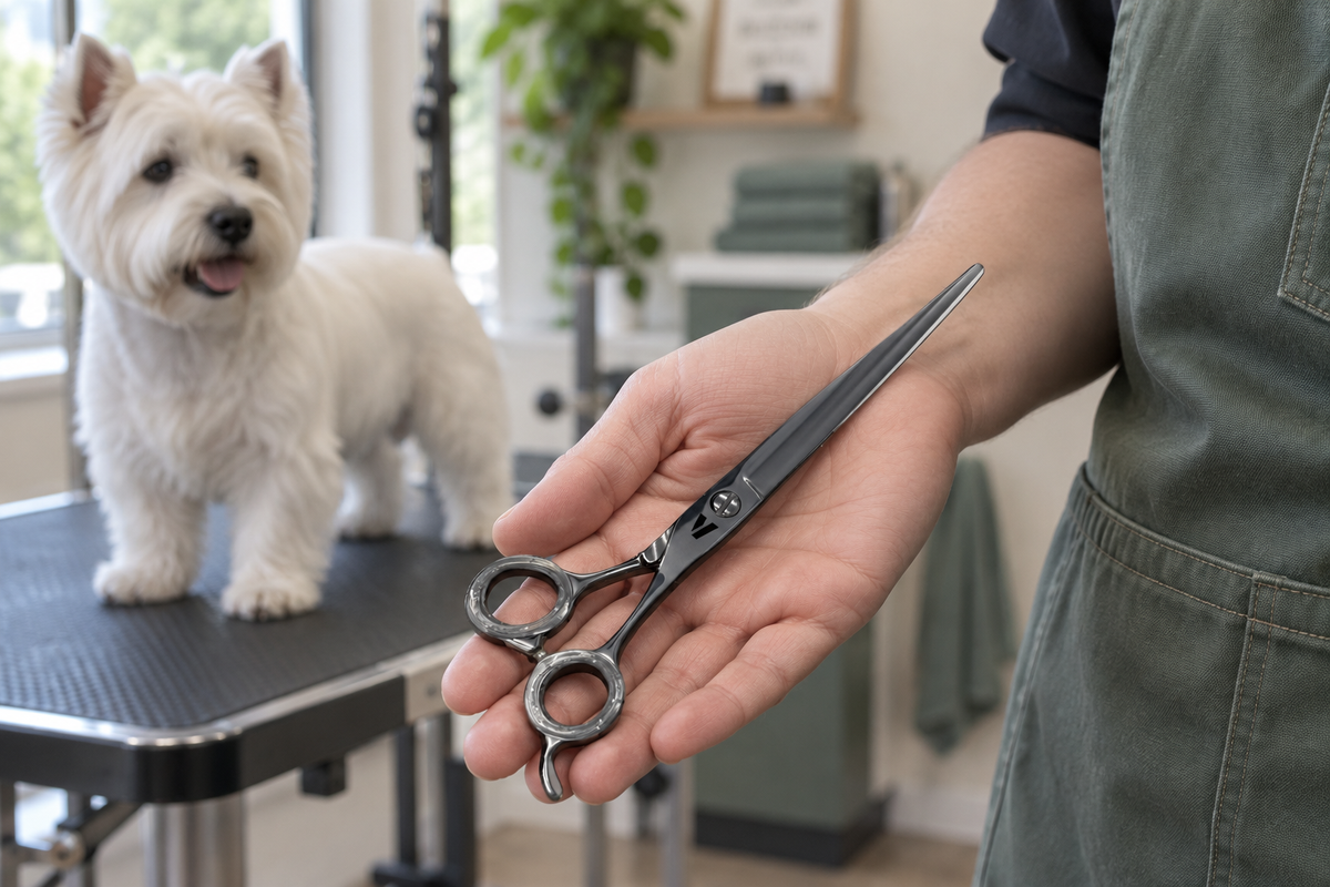 Closed VUNRO straight grooming scissors supported in a groomer's palm, with a West Highland terrier in the salon