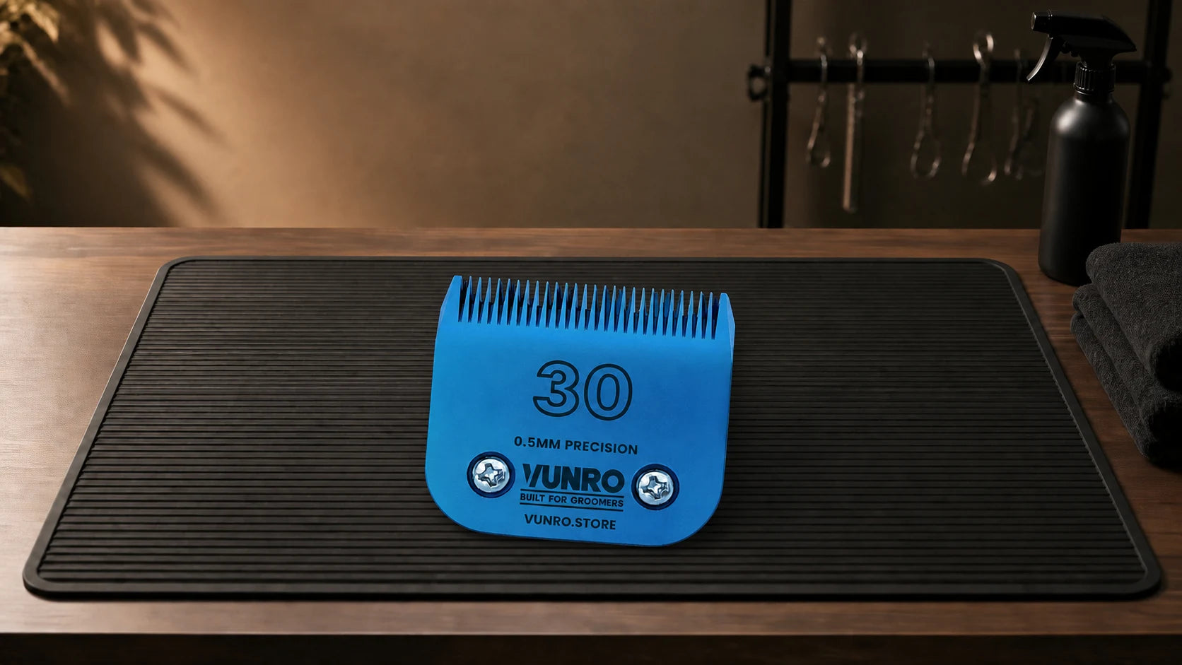 #30 Blue Steel Dog Clipper Blade (0.5 mm) resting naturally on the VUNRO grooming workbench